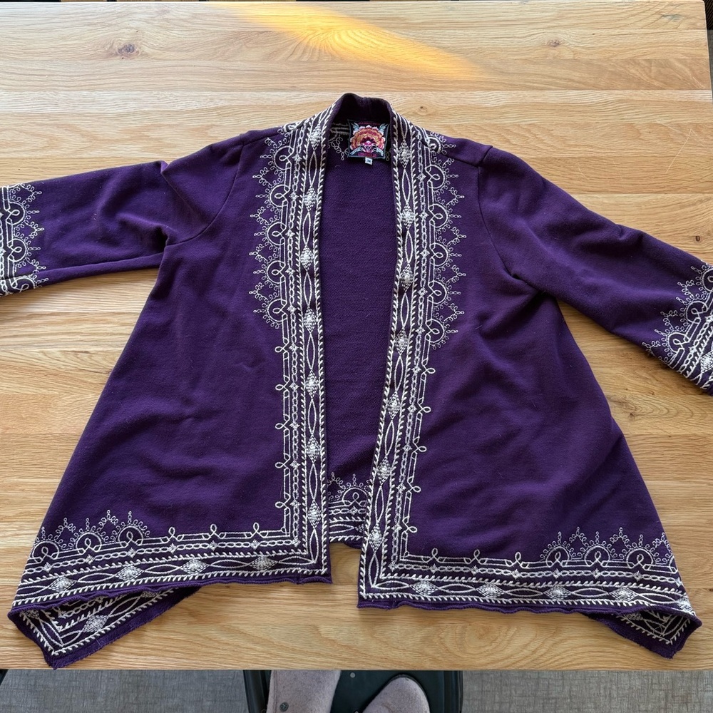 Johnny Was Purple Draped Embroidered Cardigan